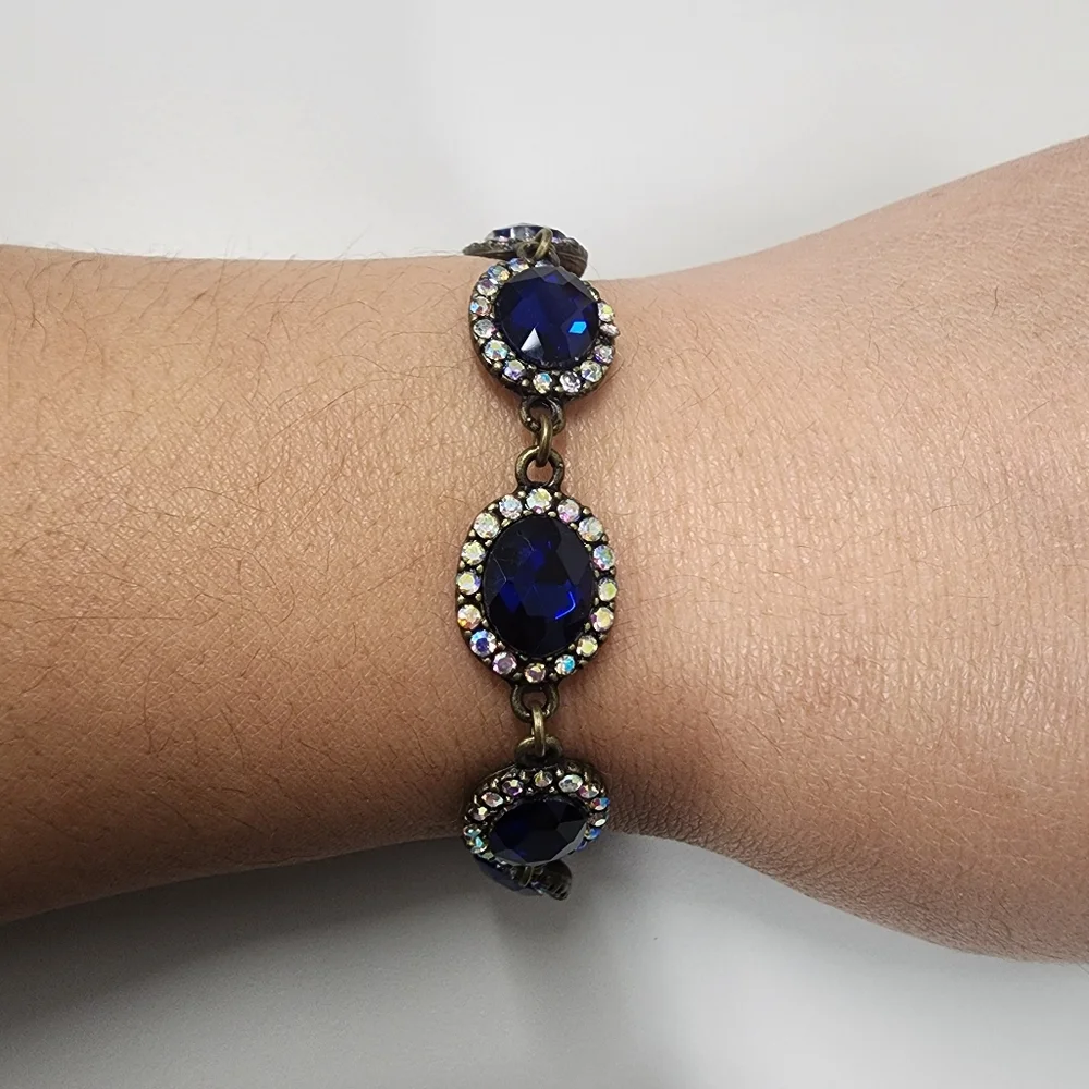 Sapphire Blue Oval & Aurora Borealis Rhinestone Crystal Bracelet Antique-Gold